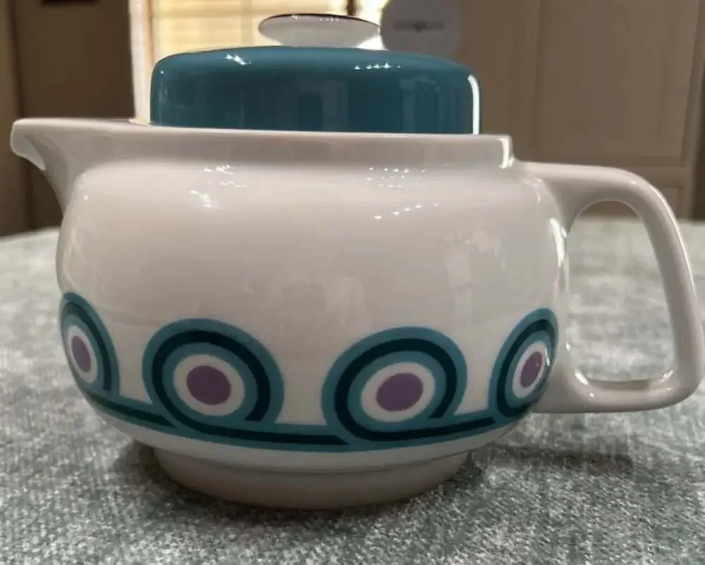 Capean Spain Mid-Century Modern Teapot, Teal and Purple Circle Pattern